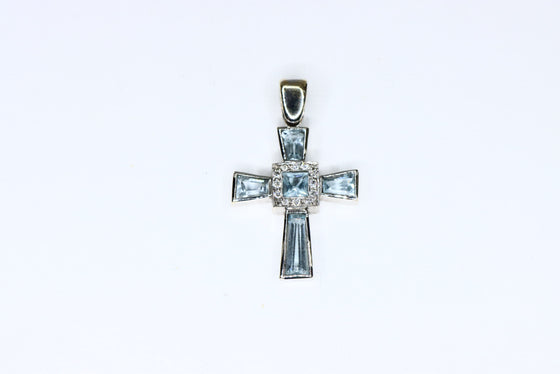 White Gold Cross with aquamarine and diamond