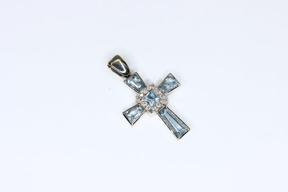 White Gold Cross with aquamarine and diamond