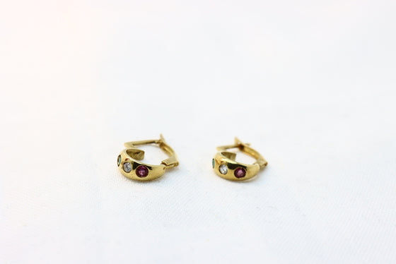 Gold Earrings with diamond  ruby and emerald