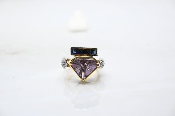 Yellow Gold Diamond Ring with Amethyst and Sapphires