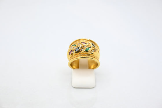 Yellow Gold Diamond Ring with Emerald  Ruby and Sapphire