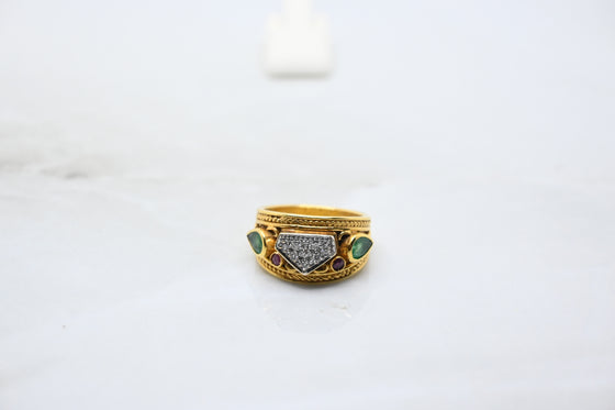 Yellow and White Gold Diamond Ring with Emeralds and Rubies