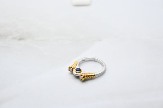 Yellow Gold and Platinum Diamond Ring with Sapphire