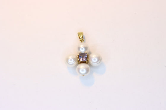 Gold Pearl Cross with tanzanite