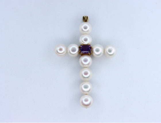 Gold Pearl Cross with amethyst