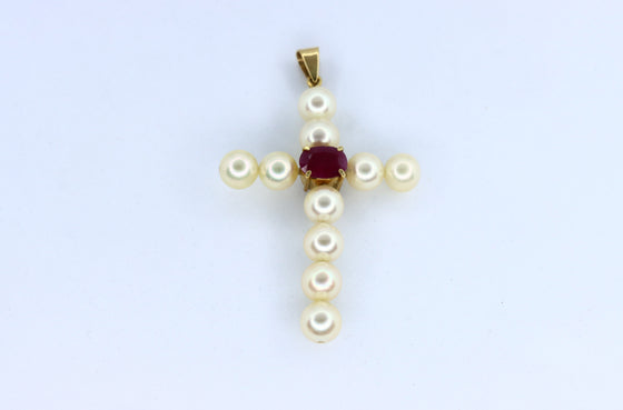 Gold Pearl Cross with ruby