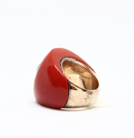 Silver Gold Plated Ring with red and black gemstones