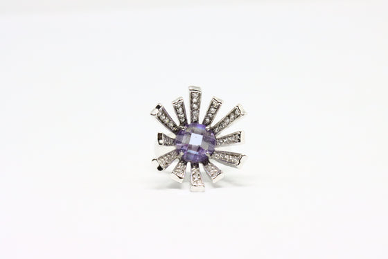 Silver Ring Flower with zircons and amethyst