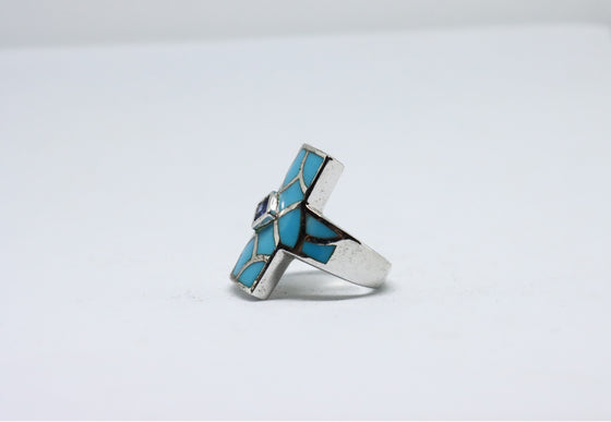 Silver Ring with turquoise and sapphire