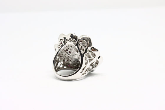 Silver Ring flower with rubies and zircons