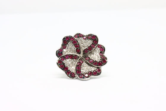 Silver Ring flower with rubies and zircons