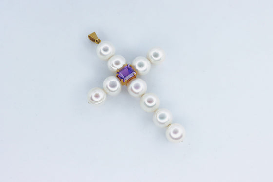 Gold Pearl Cross with amethyst