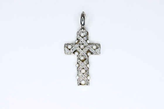 White Gold Cross with zircons and pearls